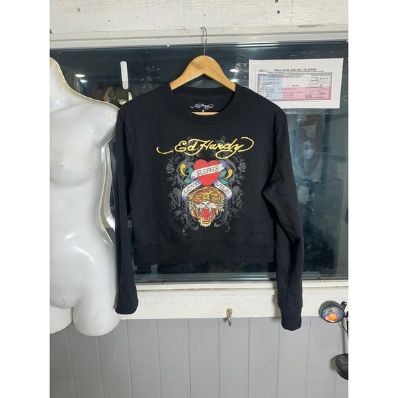 Ed Hardy Tops - Ed Hardy Womens Black Cropped Sweatshirt Tiger Heart Tattoo Graphic EHWR1415-S M